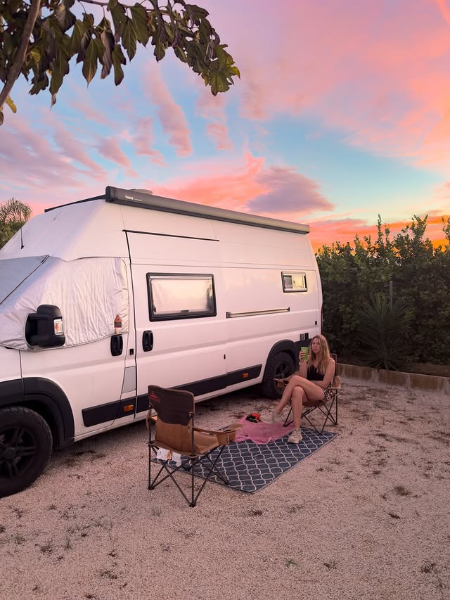 campsite, van, bus and outdoors.