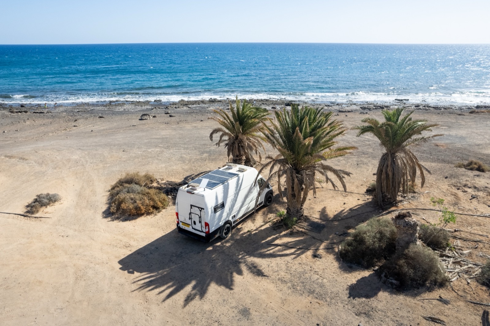 Aerial view of a campervan parked near palm trees by the coast